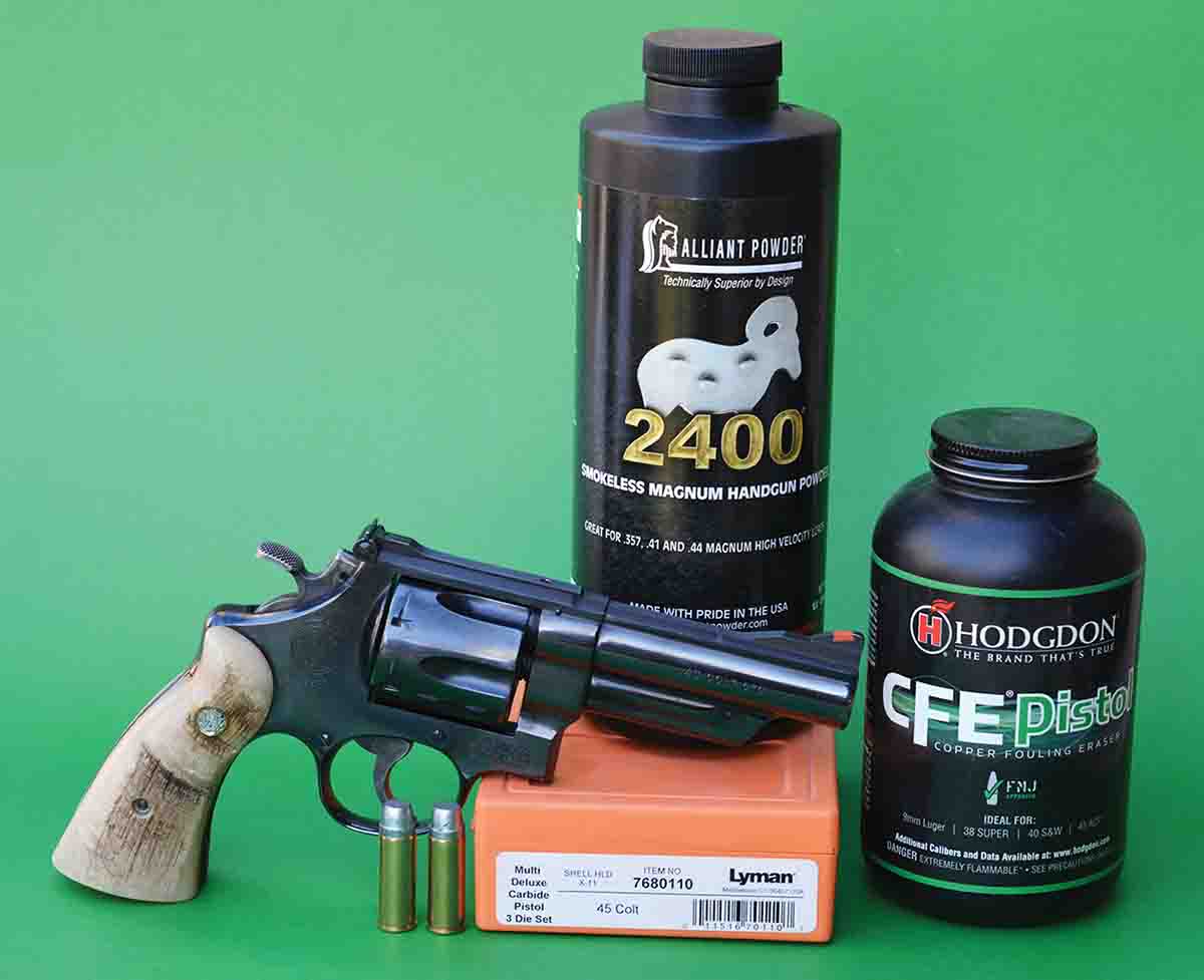 When handloading the .45 Colt to around 23,000 psi in the Smith & Wesson Model 25-5, Alliant 2400 powder is an excellent  choice, while Hodgdon CFE Pistol is a better choice for loads at standard pressures and velocities.